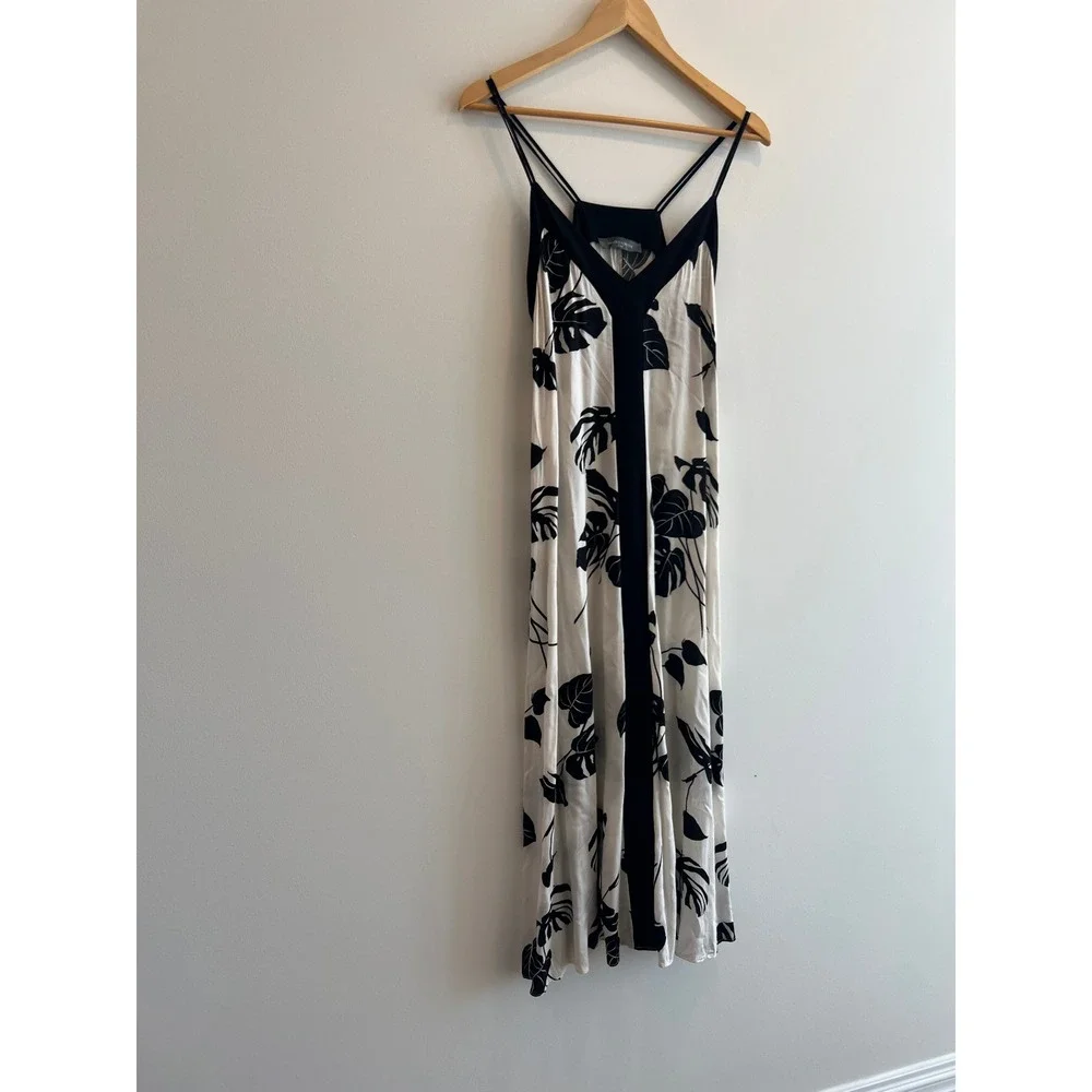 Sandro Ferrone Roma Resort Midi Dress 42 Black White‎ Tropical Monstera Leaf